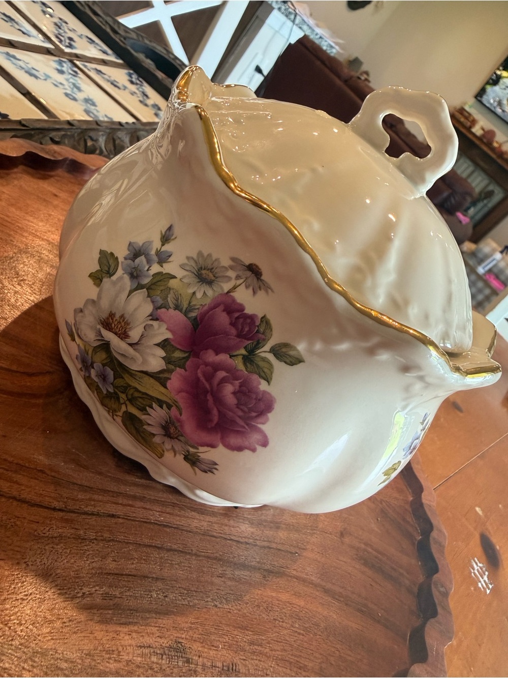 Floral Porcelain Covered Cachepot with Gold Trim
